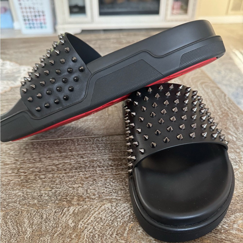 Christian Louboutin Black and Red Spiked Sandals Mens slides size 12.5 usa